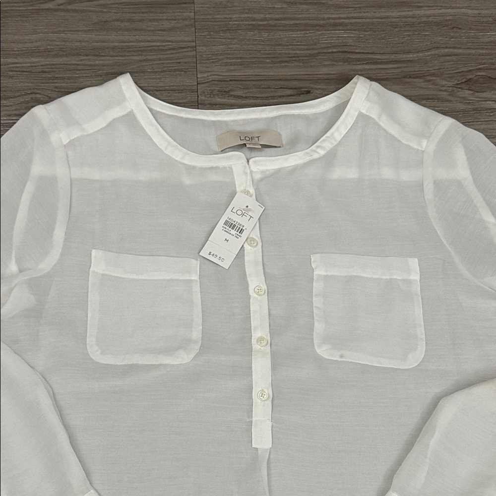 LOFT Ann Taylor Ivory Button-Front Blouse Size M - Picture 4 of 10